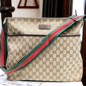 Gucci Tan and Green Signature Messenger Bag